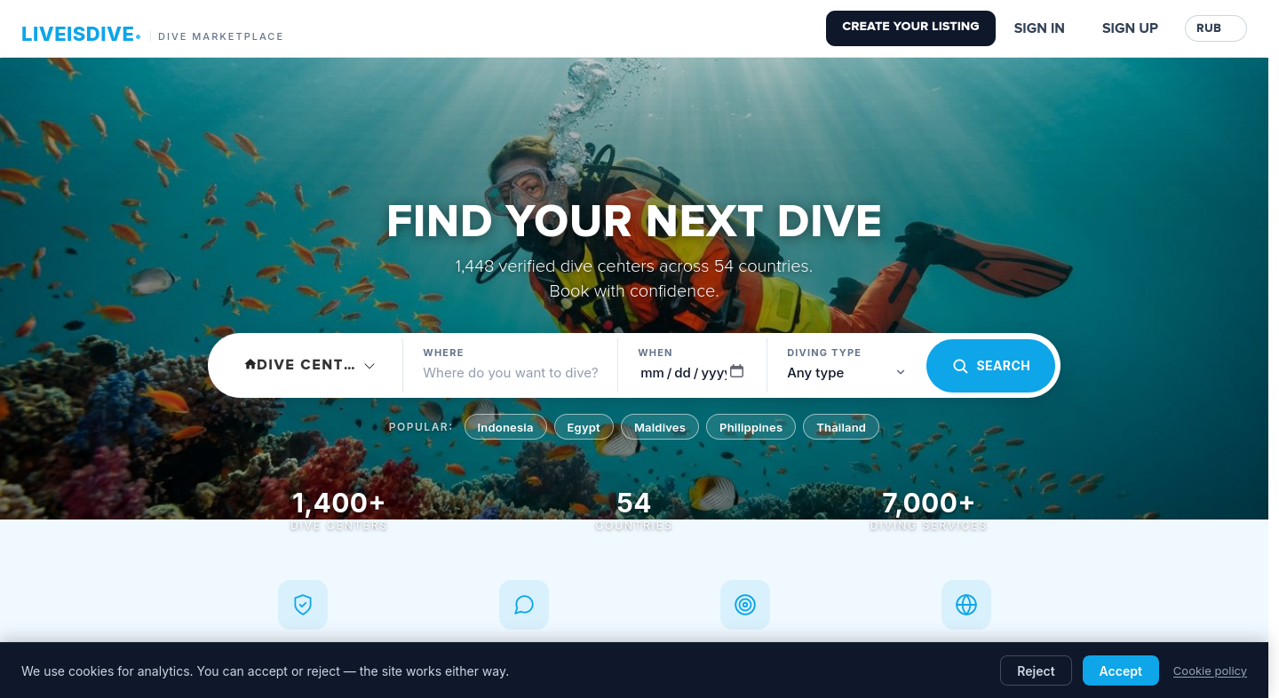Liveisdive homepage with hero search