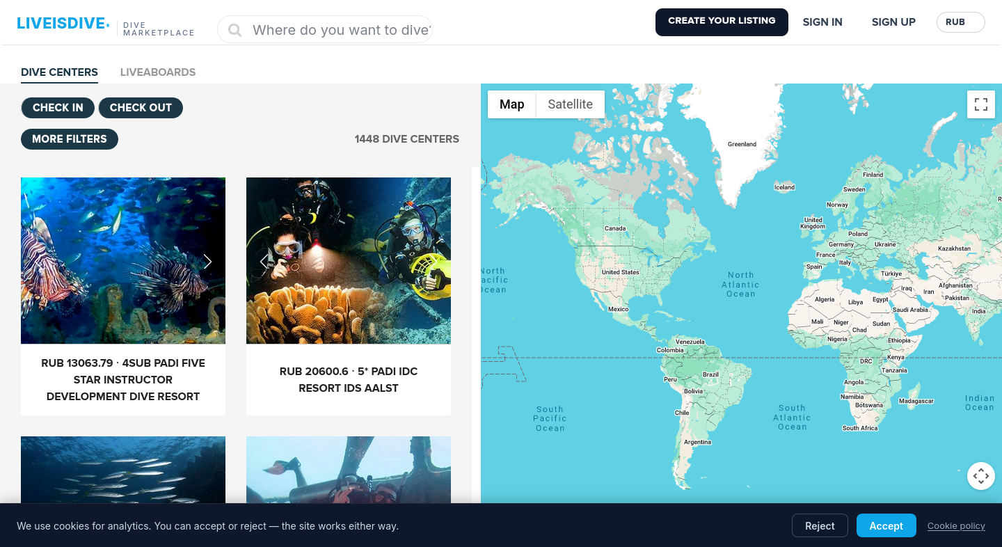 Search results grid with dive centers and world map