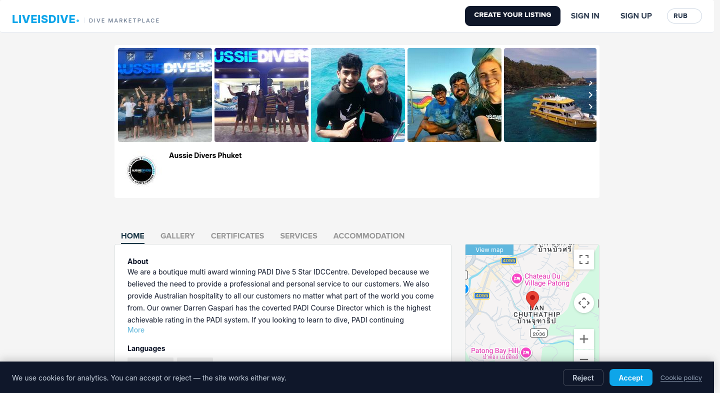 Aussie Divers Phuket — center page with description and contact